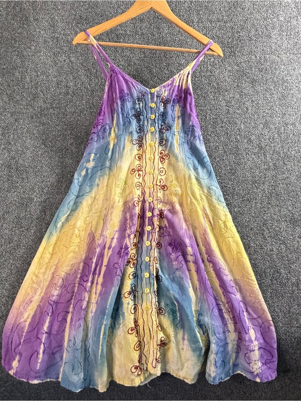 HENNA Tie Dye Embroidered Artsy Boho Sun Dress One Size Hippie Psychedelic